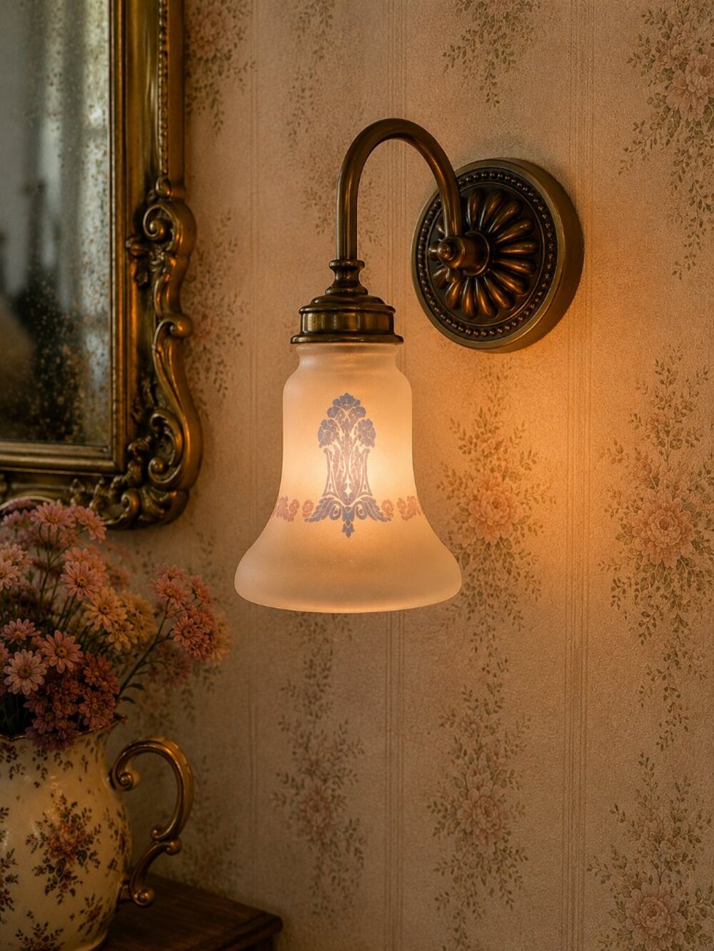 Vintage Art Deco Frosted Glass Light Shade Blue Pink Floral Demolition Rescue